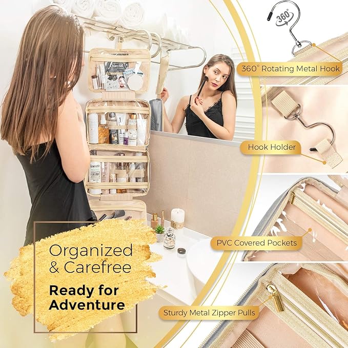 BOACAY Large Hanging Travel Toiletry Bag for Women, Makeup Bag, Bathroom & Shower Organizer Kit for Accessories, Cosmetics, Essentials