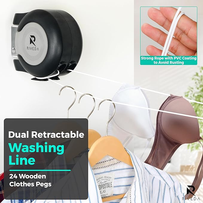 RIVEDA Dual Retractable Clothesline 43 ft Each Line with 24 Clothes Pins - Heavy Duty Clothes Line Indoor & Outdoor Laundry Line -Double Clothing line - Easy Installation (Black)