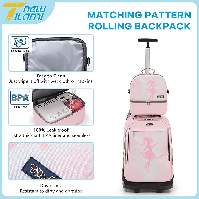 NEW TILAMI 19 Inch Rolling Backpack with Lunch Bag for Girls Boys Wheeled Laptop Backpack Durable Carry-on Bag School Travel, Flower Fairy