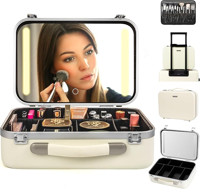 Lighted Makeup Case with Mirror - Large Size 13.4" x 10.2" - Travel Makeup Case With Mirror - Rechargeable LED Travel Vanity Case with Adjustable Brightness - Train Case Makeup Bag - White