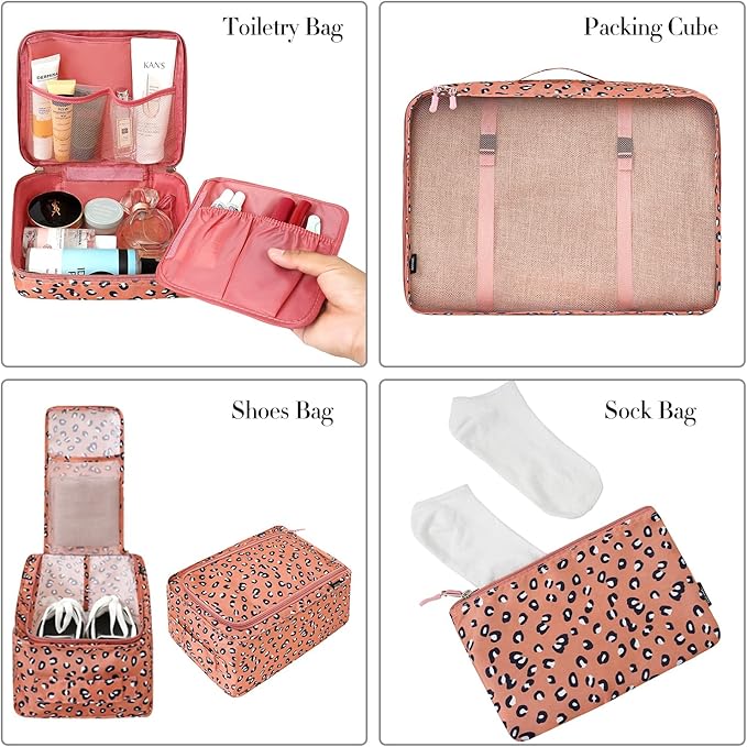 BAGAIL 8 Set Packing Cubes Luggage Packing Organizers for Travel Accessories-Pink Leopard