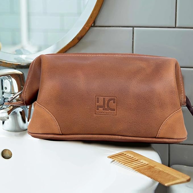 HLC Leather Toiletry Bag for Men Best Gift Premium Genuine Leather Dopp Kit Shaving Kit Organizer Travel Kit Pouch Bag for Men Large Size (TAN)