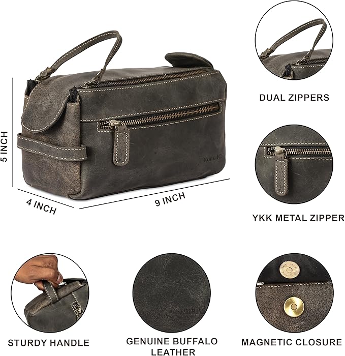 KomalC Premium Buffalo Leather Toiletry Bag for Men & Women – Leather Dopp Kit With Water resistant Lining, Premium Toiletry Travel Pouch, Unisex Wash Bag for Toiletries, Gifts for Men and Women