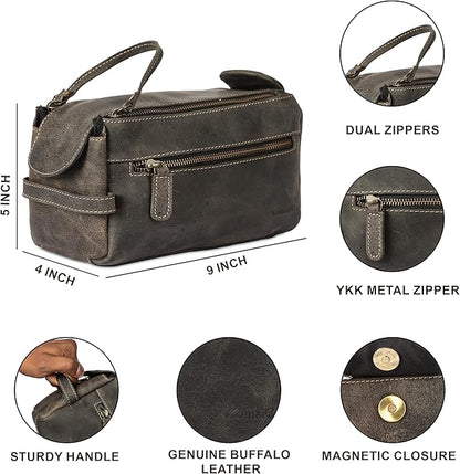 KomalC Premium Buffalo Leather Toiletry Bag for Men & Women – Leather Dopp Kit With Water resistant Lining, Premium Toiletry Travel Pouch, Unisex Wash Bag for Toiletries, Gifts for Men and Women