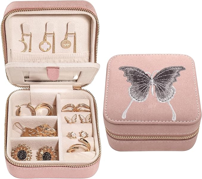 S.Leaf Travel Jewelry Organizer Boxes for Women Small Portable Necklace Earrings Bracelet Rings Travel Case Best Friend Birthday Gifts for Women Trendy (Butterfly_Pink_Gray)