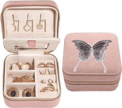 S.Leaf Travel Jewelry Organizer Boxes for Women Small Portable Necklace Earrings Bracelet Rings Travel Case Best Friend Birthday Gifts for Women Trendy (Butterfly_Pink_Gray)
