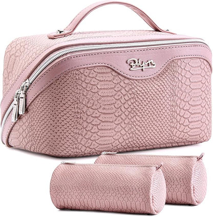 BOYATU Travel Makeup Bags for Women: 3 Pcs Set Wide Open Cosmetic Bag - Portable Make up Bags with Handle - Vegan Leather Toiletry Organizer Bag with Divider (G-02-Pink)