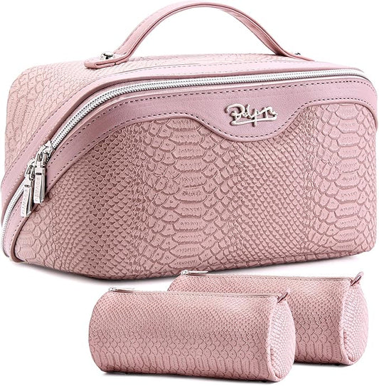BOYATU Travel Makeup Bags for Women: 3 Pcs Set Wide Open Cosmetic Bag - Portable Make up Bags with Handle - Vegan Leather Toiletry Organizer Bag with Divider (G-02-Pink)