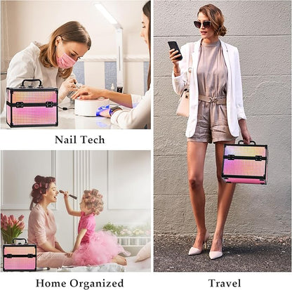 Makeup Case Organizer,Makeup Train Case, Trays Cosmetic Box Portable, Profesional for Salon Barber,Black Bright Pink