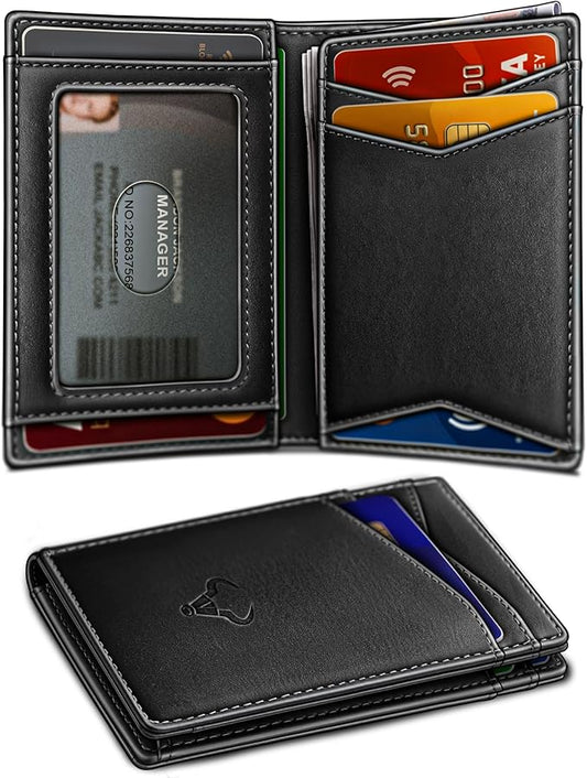 BULLIANT Men Wallet,Top Grain Leather Slim Wallet Magnetic Closure Simplifed Bill Folder RFID Blocking 11Cards