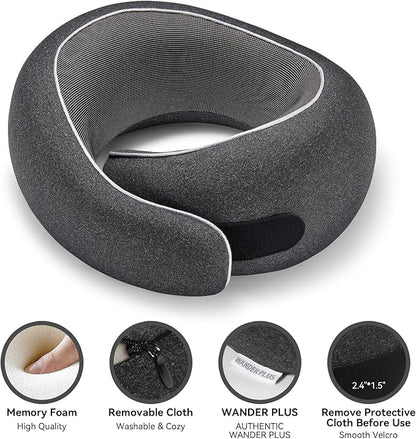 WANDER PLUS® Travel Pillow, 100% Pure Memory Foam Travel Neck Pillow Airplane Neck Support Ergonomic Design Best for Sleeping Plane Car Train Office Flight for Adults Black