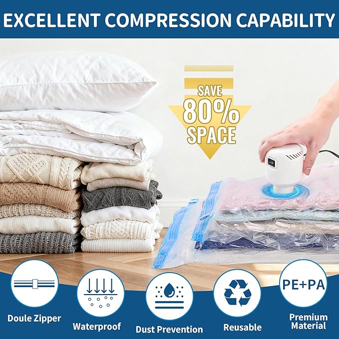 Vacuum Storage Bags for Clothing Travel,12 Pack Vacuum Bags with Pump,Space Saver Bag for Clothes Travel & Home(2 Roll Up Bags,3 Small,3 Medium,2 Large,2 Jumbo)