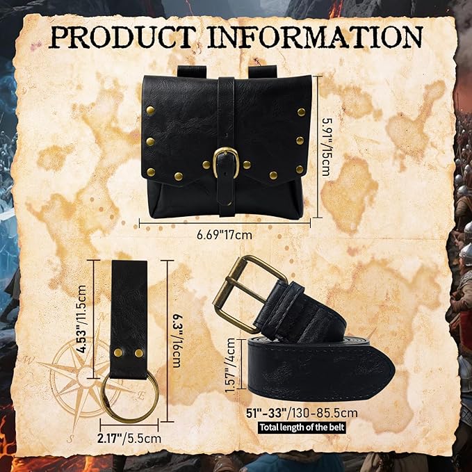 Renaissance Belt Pouch Viking Leather Medieval Belt Waist Bag Pirate Cosplay Festival Halloween Adjustable Accessories (Black)