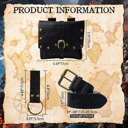 Renaissance Belt Pouch Viking Leather Medieval Belt Waist Bag Pirate Cosplay Festival Halloween Adjustable Accessories (Black)