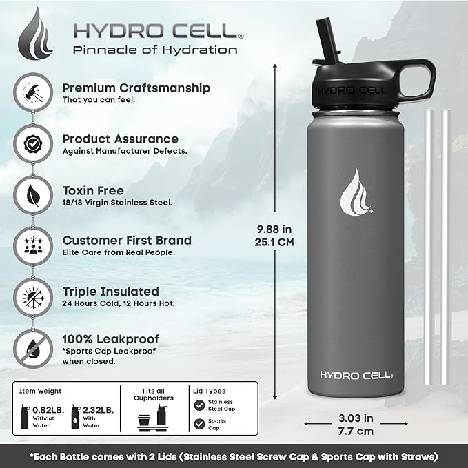 HYDRO CELL Stainless Steel Insulated Water Bottle with Straw - For Cold & Hot Drinks - Metal Vacuum Flask with Screw Cap and Modern Leakproof Sport Thermos for Adults (Graphite 24oz)