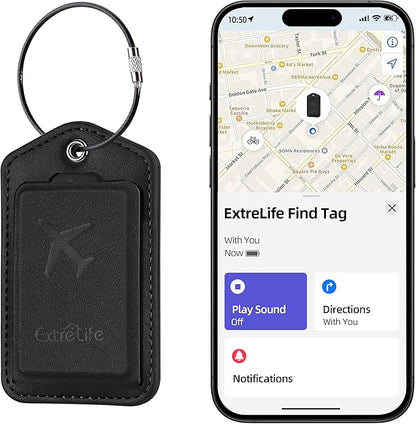 Luggage Tags, Works with Apple Find My, Leather Luggage Tag for Suitcases, Travel Tags, Bag Tag for Backpacks, Suitcase Tag with Privacy Flap, Anti-Lost Smart Luggage Tracker, Travel Essentials, Black
