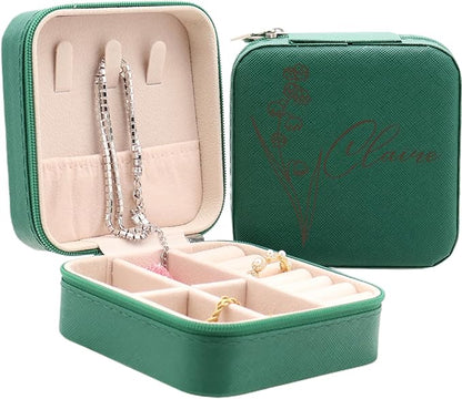 Personalized Leather Jewelry Box with Name and Birth Flower Month - Custom Jewelry Travel Case for Women, Mom, Nana, Children - Custom Name and Birth Flower Month Jewelry Organizer Box (Dark Green)