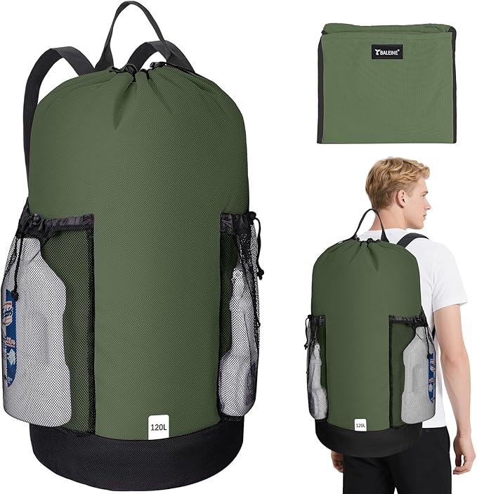 BALEINE 120L Laundry Bag Backpack, 900D Oxford Fabric Large Travel Laundry Bags with Shoulder Straps and 2 Mesh Pockets for College Dorm, Apartment, Laundromat (Green, 120L)