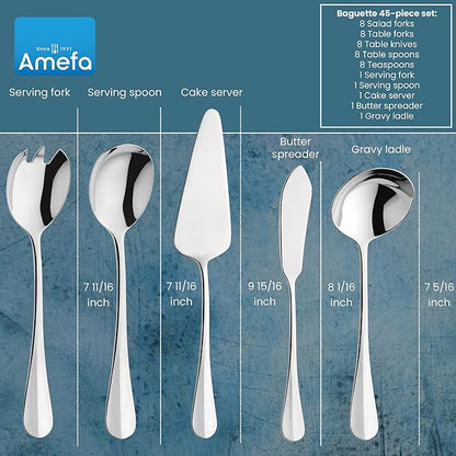 Amefa Baguette 45-Piece Flatware, Set for 8 – Stainless Steel Silverware, Polished Mirror Finish, Rust-Resistant Cutlery with Dinner Forks, Knives, Spoons, Salad Forks & Teaspoons for Everyday Dining