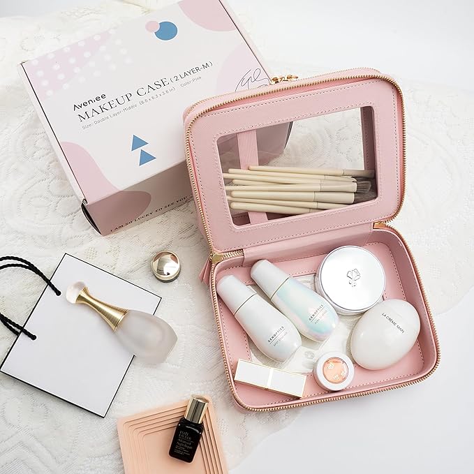 Aveniee XL Clear Makeup Organizer,Double Layer Travel Cosmetic Case with Brush Holder & Zippered Compartments,Big Toiletry Bag for Travel Accessories,2 Layers Large,Pink