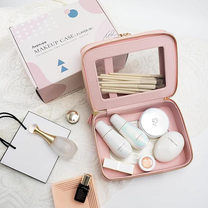 Aveniee XL Clear Makeup Organizer,Double Layer Travel Cosmetic Case with Brush Holder & Zippered Compartments,Big Toiletry Bag for Travel Accessories,2 Layers Large,Pink