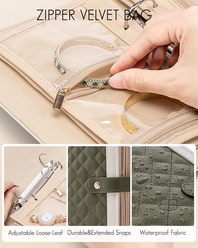 Vlando Travel Jewelry Organizer Case,Mom Gifts from Daughter,Jewelry Storage Book Ring Binder with Clear Zipper Velvet Jewelry Pouch Bag,Travel Essentials for Rings,Necklace,Earrings-Olive Green
