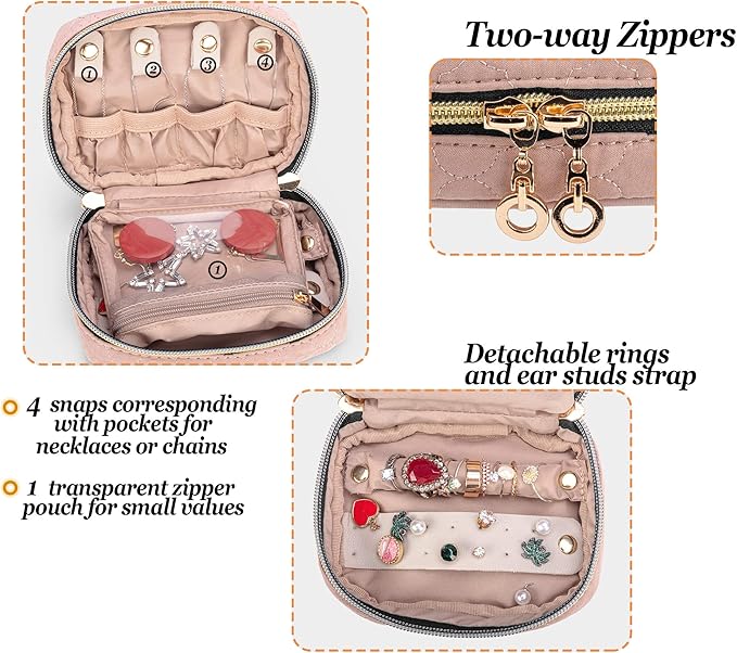 Teamoy Mini Jewelry Travel Case, Storage Organizer Bag for Earrings, Necklace, Rings, Misty Rose