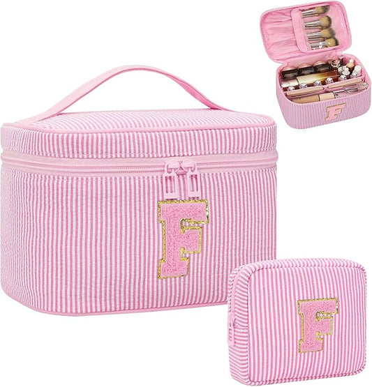 MONSTINA Initial Makeup Bag for Women,Personalized Make Up Case for 10 11 12 13 14 15 16 17 18 Years Old Teen Girls Gifts|Cute Toiletry Bag Preppy Chenille Letter Patch,Pink F