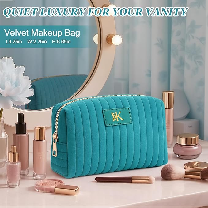 Monogrammed Make Up Bags for Women,Personalized Cosmetic Bags Women,Small Quilted Makeup Pouch,Cute Makeup Bag Travel,Birthday Gifts for Teen Girl (Blue K)