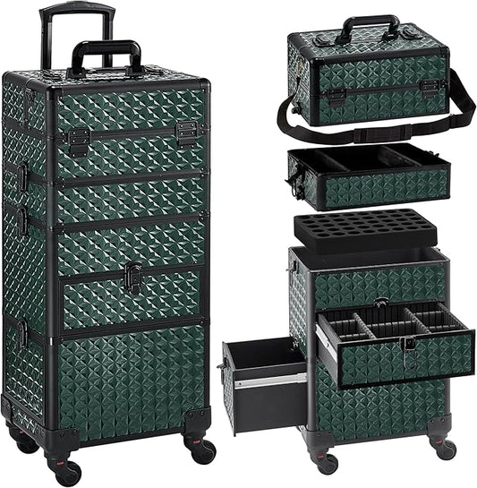 Makeup Train Case with Drawer, Rolling Makeup Case, Cosmetology Case on Wheels, Gift, Large Makeup Case Organizers, Professional for Salon Barber, Nail, Tattoo, Black Green
