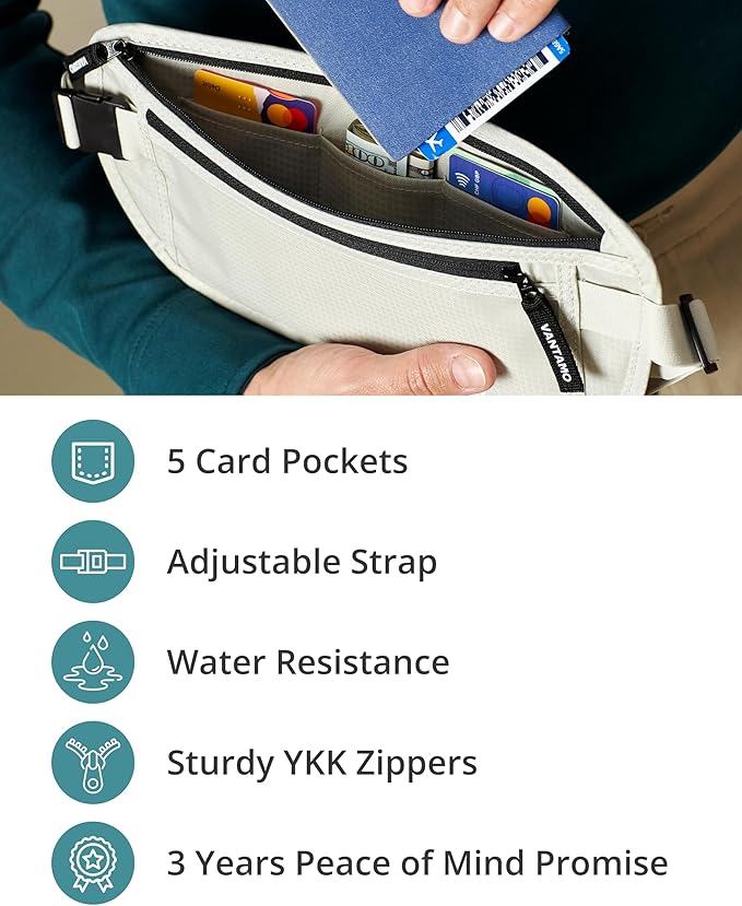 Vantamo Money Belt with RFID For Men & Women, Hidden Passport Holder for Travel, 2 Compartment Travel Fanny Pack for Women Anti Theft
