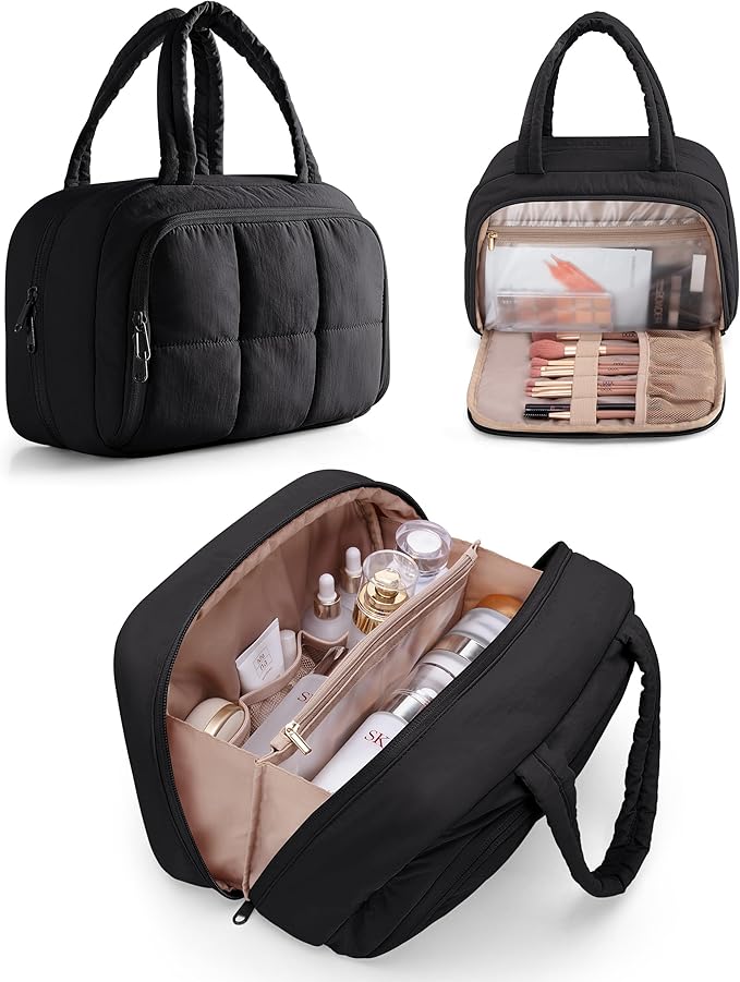 Travel Toiletry Bag for Women with Hanging Hook, Water Resistant Puffy Makeup Organizer with Leak Proof Pockets for Toiletries and Cosmetics - Black (Bag Only)