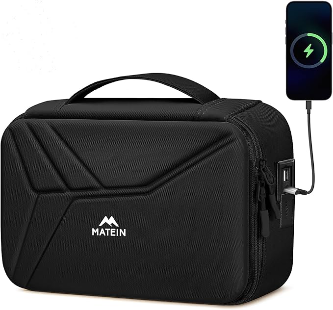 MATEIN Charger Cord Organizer with USB-C & USB-A Ports, Hardshell Cable Organizer Bag Cord Storage for Travel, Water Resistant 2-in-1 Electronics Case for Tech Accessories and Cosmetics, Black