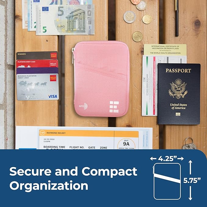 Passport Holder & Travel Wallet with RFID Blocking - Premium Document Organizer Case for Men and Women - Holds Passports, Cards, Tickets, ID, Cash - Compact Zippered Wallet - Rose