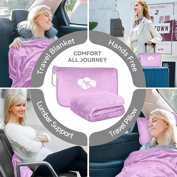 Travel Blanket and Pillow Compact, Premium Soft 2 in 1 Airplane Blanket with Soft Bag Pillowcase，Hand Luggage Sleeve and Backpack Clip (Solid Purple)