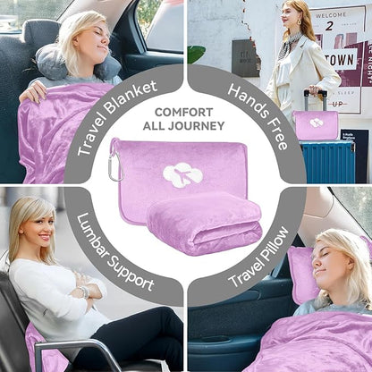 Travel Blanket and Pillow Compact, Premium Soft 2 in 1 Airplane Blanket with Soft Bag Pillowcase，Hand Luggage Sleeve and Backpack Clip (Solid Purple)
