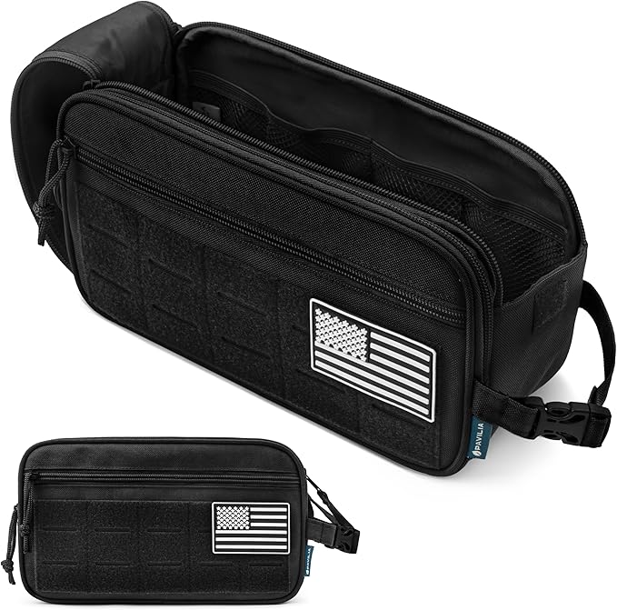 PAVILIA Tactical Toiletry Bag for Men, Travel Hygiene Bag, Military Gear Dopp Kit, Water Resist Molle Accessories Pouch, Mens Shaving Essentials, Gym Bathroom Shower Small Toiletries Tool EDC, Black