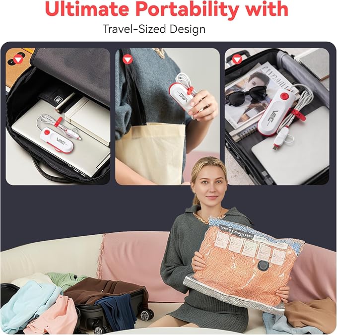 12 Pack Travel Vacuum Bags for Clothing with USB and TYPE C Pump, Compression Seal Packing Cubes for Luggage Suitcase Backpack, Carry-on Size Space Saver Storage Bags for Vacation Cruise（Red）