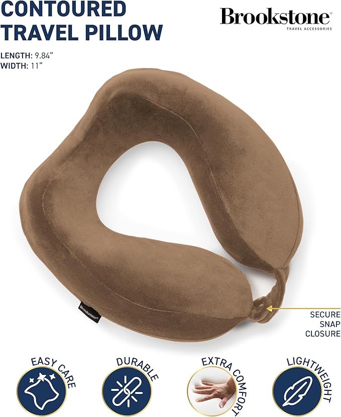 Brookstone Neck Travel Pillow - Lightweight Contoured Memory Foam Stuffable Travel Neck Pillow for Sleeping, Car, & Airplane, Size One Size, Khaki