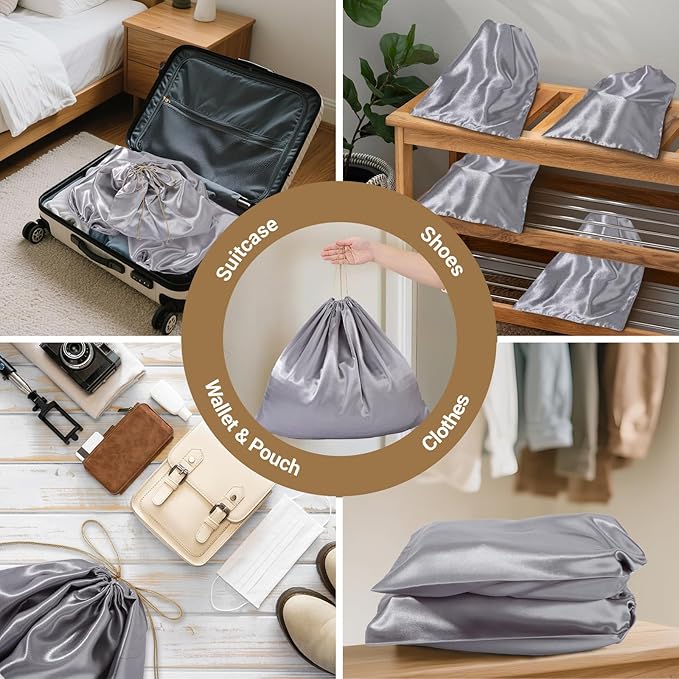 Ewen 7 Pack Satin Shoe Bags Dustproof, 23.6x19.6in Dust Bags for Handbags with Drawstring, Large Travel Essentials Packing Bag, Purse Organizer with Blank Tags for Closet Storage Jewelry Organization