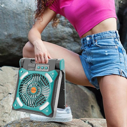 Solar Fan Battery Powered Rechargeable Solar Camping Fan with Led Lantern & Power Bank Foldable Angle USB Personal Fans for Travel Outdoor Camping Tents X98 Cyan
