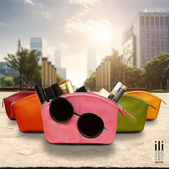 ili New York Genuine Leather Cosmetic Pouch - RFID Blocking Leather Travel Organizer Bag with Top Zip Closure and Interior Zip Pocket, Compact Lightweight Make Up Bags, Aqua