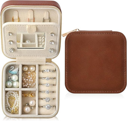 Genuine Leather Travel Jewelry Case Organizer with Mirror for Women, Small Jewelry Box Portable Mini Jewelry Case for Earring, Ring, Necklace, Bracelet（Milled Leather Brown）