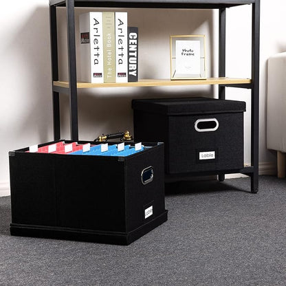 PRANDOM File Organizer Box - Set of 2 Collapsible Decorative Linen Filing Storage Hanging File Folders with Lids Office Cabinet Letter/Legal Size Black (17x14x11.2 inch)