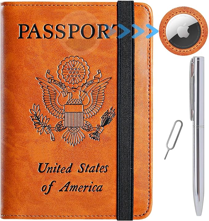 Airtag Passport Holder Cover Wallet Travel Essentials RFID Blocking Leather Card Case International Must Haves Travel Accessories for Women Men(119#Claybank)