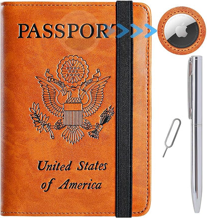 Airtag Passport Holder Cover Wallet Travel Essentials RFID Blocking Leather Card Case International Must Haves Travel Accessories for Women Men(119#Claybank)