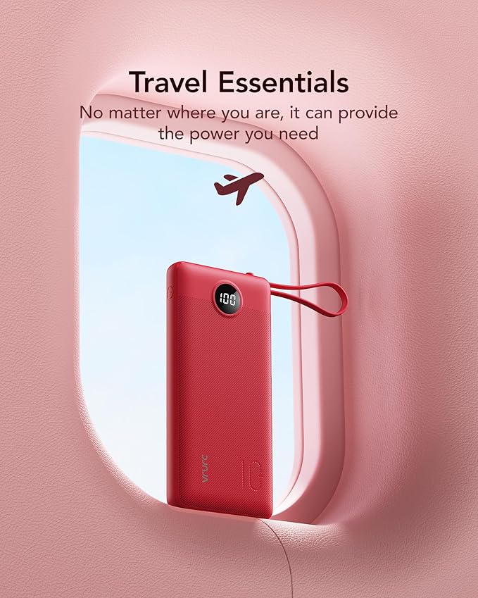 VRURC Portable Charger, 10000mAh Power Bank Built in Cables for iPhone, Slim Compact Travel Essential, 5 Outputs 2 Inputs USB C Battery Pack for iPhone 17 16 15 14 13, Samsung, Android etc-Magenta