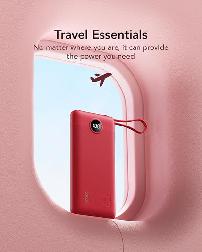 VRURC Portable Charger, 10000mAh Power Bank Built in Cables for iPhone, Slim Compact Travel Essential, 5 Outputs 2 Inputs USB C Battery Pack for iPhone 17 16 15 14 13, Samsung, Android etc-Magenta