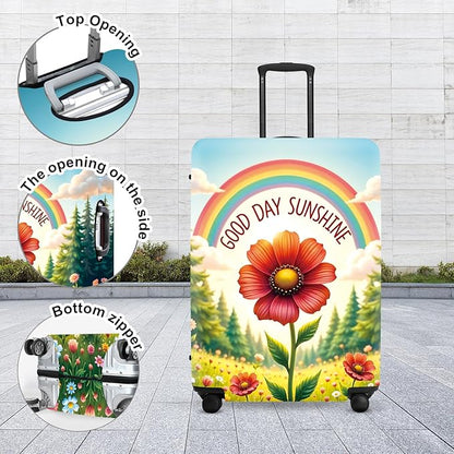 Sunshine Rainbow Luggage Cover, Waterproof Summer Travel Protector with Sunflower & Wildflowers, Bright Vacation Suitcase Case