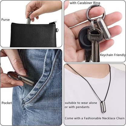 TISUR Titanium Pill Case with 28'' Necklace Chain,Micro Keychain Pill Holder.Waterproof Pill Fob for Emergency Aspirin & Nitroglycerin for Travel Purse Pocket